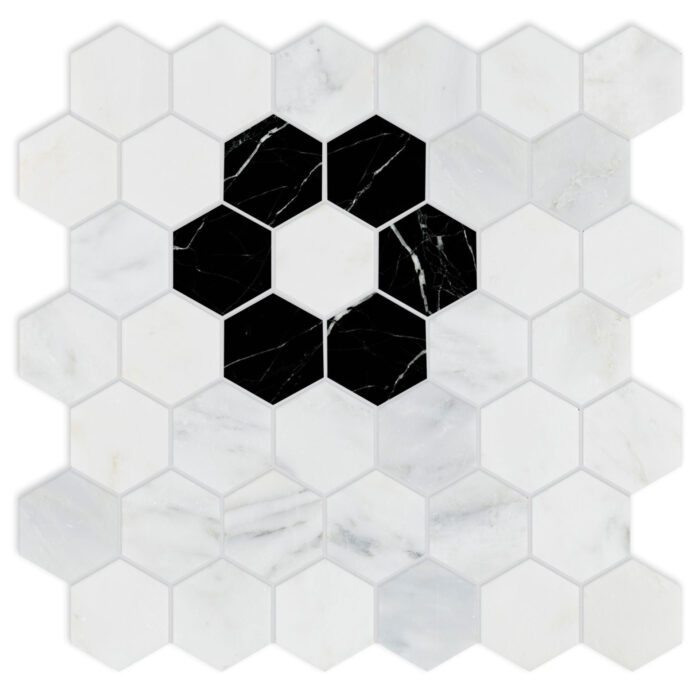 Dolomiti Blanc&Black Flower Hexagon 5 cm – Flower Hexagon 2″ natural stone mosaic