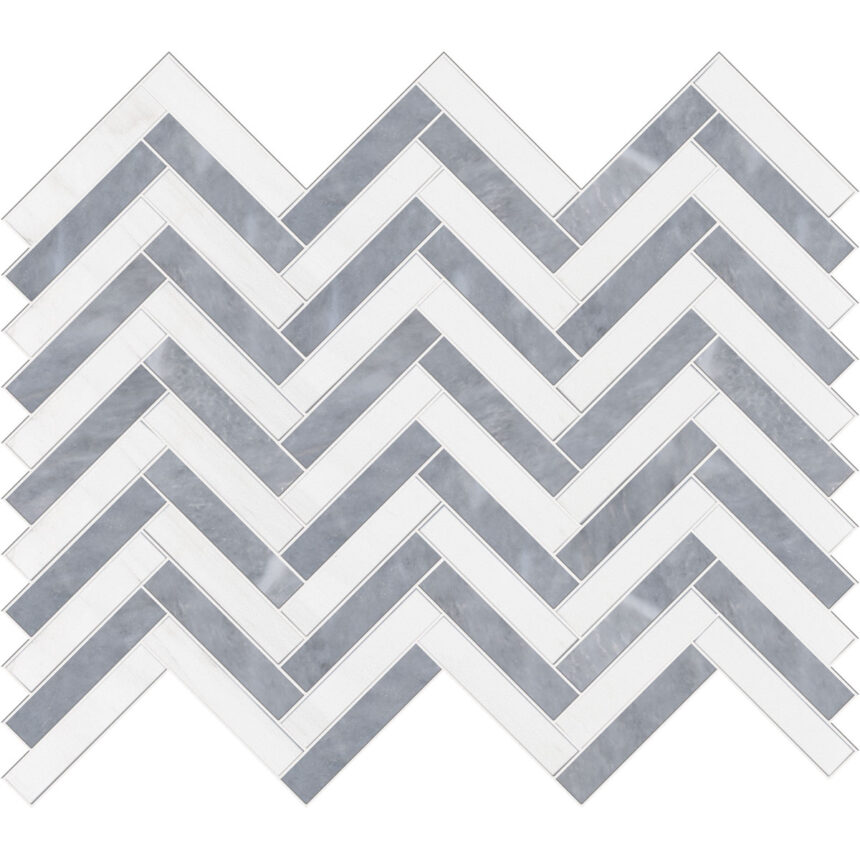 Ocean Blue&Dolomiti Blanc Herringbone 1,5X7,5 cm – Herringbone 5/8X3″ natural stone mosaic