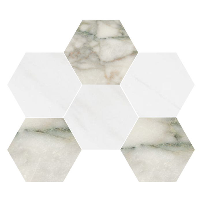 Calacatta Green&Dolomiti Blanc Hexagon 12,7 cm – Hexagon 5″ natural stone mosaic