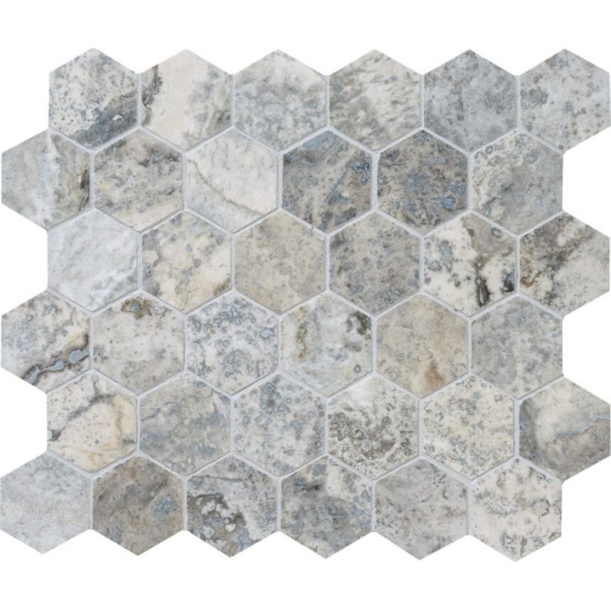 Silver Travertine Hexagon 5 cm – Hexagon 2″ natural stone mosaic