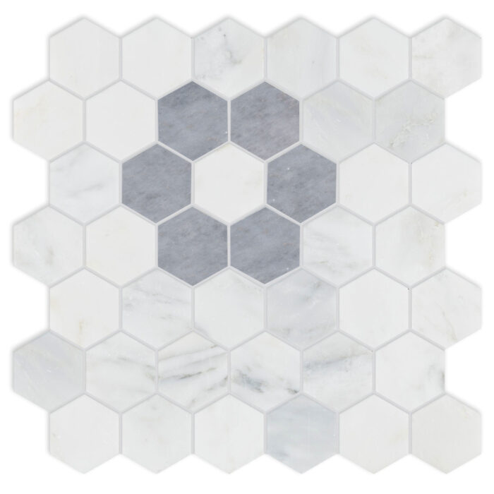 Ocean Blue&White Lux Flower Hexagon 5 cm – Flower Hexagon 2″ natural stone mosaic