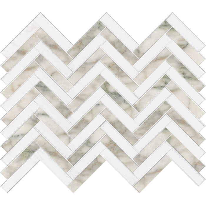 Calacatta Green&Dolomiti Blanc Herringbone 1,5X7,5 cm – Herringbone 5/8X3″ natural stone mosaic